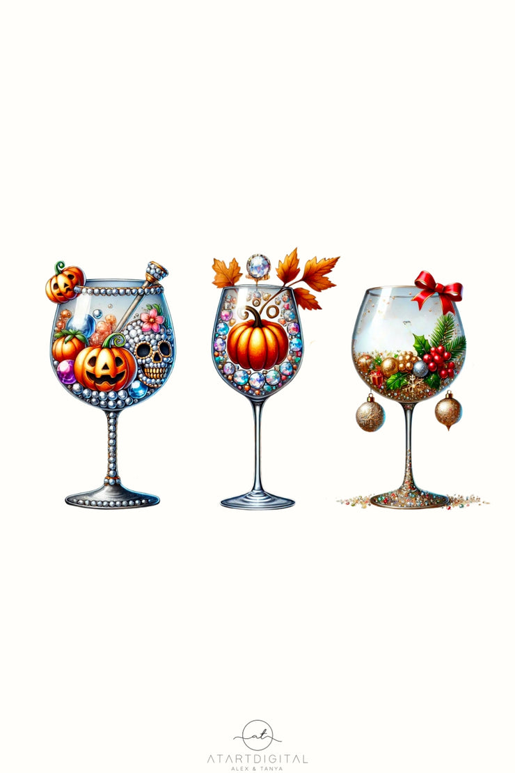 Fall Wine Glasses PNG, Mulled Wine and Thanksgiving Sublimation Design, Warm Autumn Drinks Printable for Digital Download