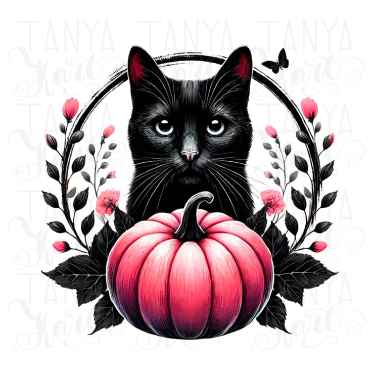 Black Cat with Pink Pumpkin PNG, Halloween Art, Gothic Cat, Pumpkin Halloween, Spooky Design, Horror Halloween Black Cat, Sublimation Ready