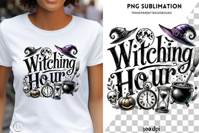 Witching Hour, Retro Halloween PNG for Printable Art and T-Shirt Designs, Instant Download, Funny Halloween for DTF Designs, Tumblers