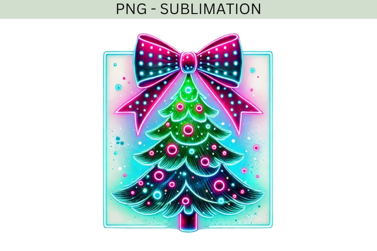 Christmas Coquette PNG | Neon Light Christmas Tree with Bow, Pink Brushstroke, & Merry Christmas Vibes, Girly Christmas Tree, Neon Christmas