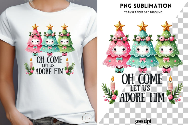 Oh Come Let Us Adore Him PNG | Christian Coquette Christmas with Bow, Jesus & Bible Verse Sublimation Design