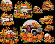 Fall Trucks Pumpkins, Autumn Vintage Pickup Clipart for Sublimation Design, Thanksgiving Day Digital Download PNG, Imitation Embroidery