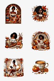 Autumn Black Woman Reading Clip Art Bundle, Pumpkin Decor & Bookish Sticker, Instant Download for Planner Sticker, Scrapbooking, Home Decor