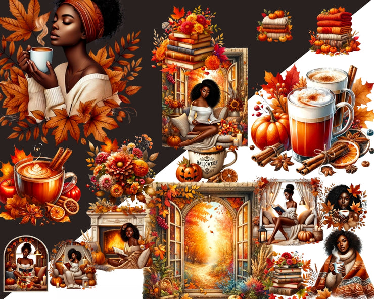 Autumn Black Woman Reading Clip Art Bundle, Pumpkin Decor & Bookish Sticker, Instant Download for Planner Sticker, Scrapbooking, Home Decor