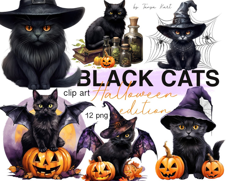 Halloween Black Cats Digital Download Clipart: Witch Cats Designs for Sublimation, for Shirts, Transfers, Junk Journals, Mystical Png Cats