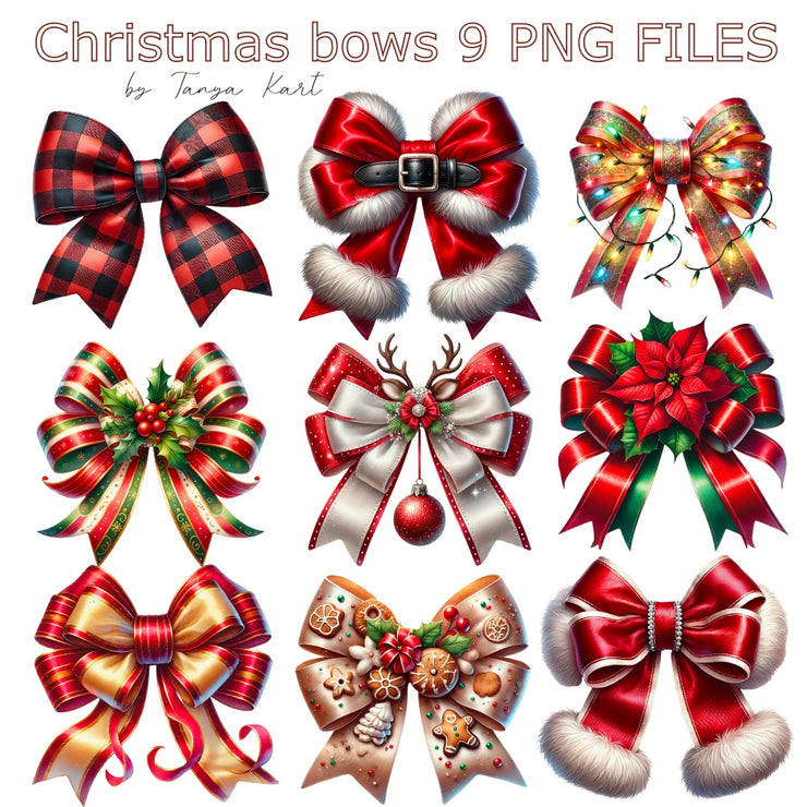 Coquette Christmas Bows PNG, Red Bow Clipart for Sublimation