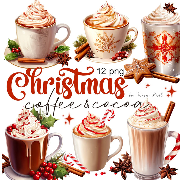 Christmas Coffee PNG Clipart, Winter Drinks Clipart Bundle, Coffee, Hot Chocolate, Ceremonial Cacao