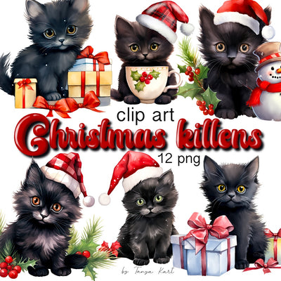 Watercolor Christmas Cat Clipart Bundle