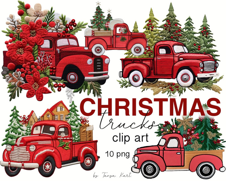 Red Christmas Trucks Clipart | Imitation Embroidery