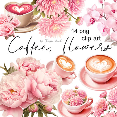 Rose and Coffee Cup Clipart | Pink Flower PNG