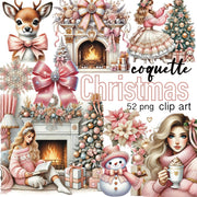 Coquette Christmas Clipart Bundle, Pink Bows, Pastel Retro Designs, Merry Christmas Aesthetic PNG for Shirts, Wall Art & Winter Clipart