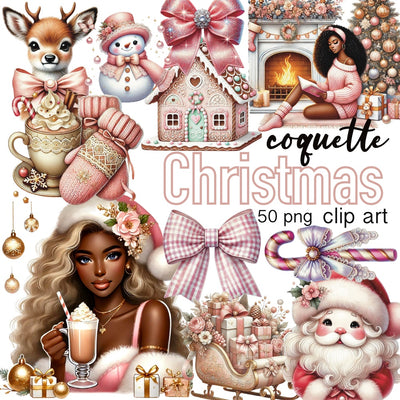 Pink Merry Christmas PNG Bundle Black Woman Cute Coquette Xmas Sublimation Design Retro Girly Holiday Graphics for Christmas Aesthetic