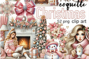 Coquette Christmas Clipart Bundle, Pink Bows, Pastel Retro Designs, Merry Christmas Aesthetic PNG for Shirts, Wall Art & Winter Clipart