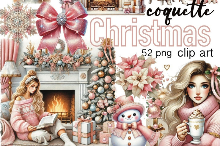 Coquette Christmas Clipart Bundle, Pink Bows, Pastel Retro Designs, Merry Christmas Aesthetic PNG for Shirts, Wall Art & Winter Clipart