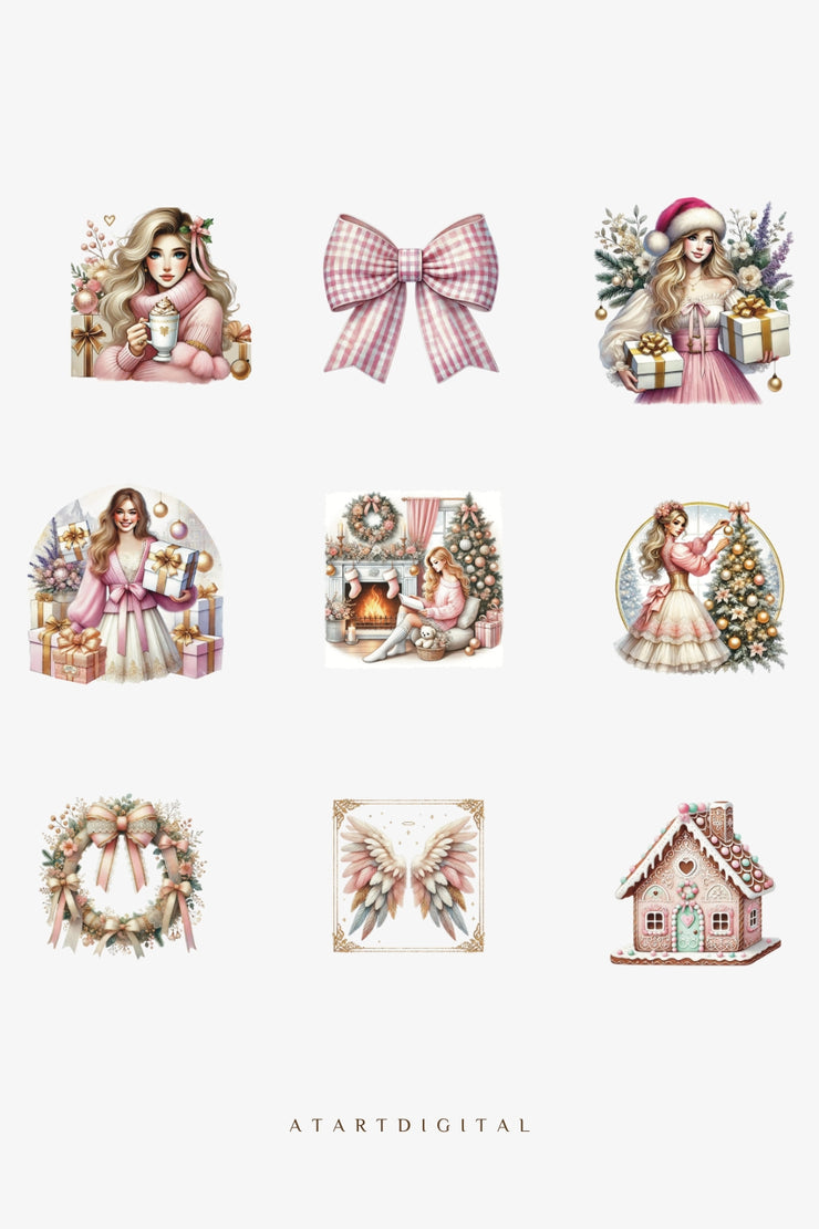 Coquette Christmas Clipart Bundle, Pink Bows, Pastel Retro Designs, Merry Christmas Aesthetic PNG for Shirts, Wall Art & Winter Clipart