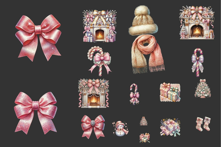 Coquette Christmas Clipart Bundle, Pink Bows, Pastel Retro Designs, Merry Christmas Aesthetic PNG for Shirts, Wall Art & Winter Clipart