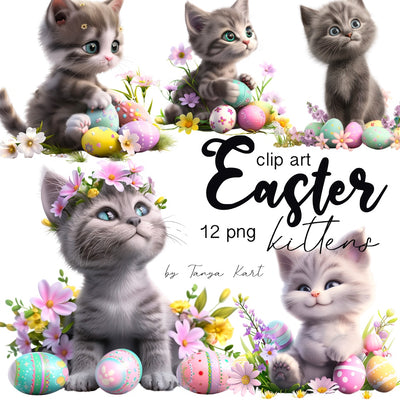 Easter Cat Clip Art PNG with Watercolor Flowers & Easter Eggs