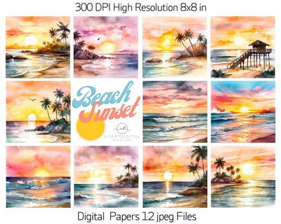 Watercolor Beach Sunsets Digital Paper Pack