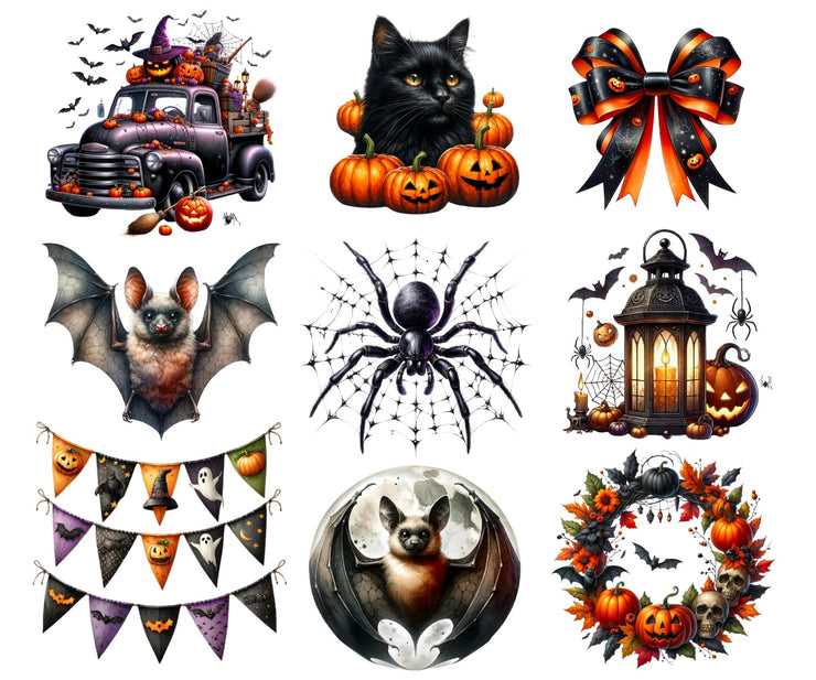 Halloween Clipart | Cat, Truck, Wreath, Lantern, Spider, Bat