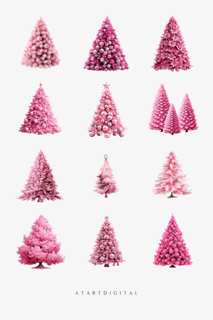 Pink Christmas Trees Clipart Bundle