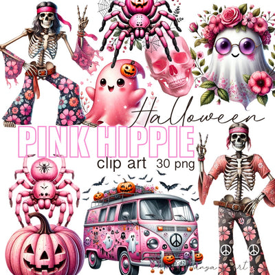 Hippie Halloween Retro PNG Bundle, Pink Hippie Van, Skeletons, Ghosts, Sublimation Download, Cat Halloween, Retro Clipart, Pink Skull Flower