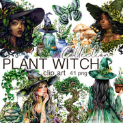 Watercolor Green Witch Clipart Bundle, Instant Download Digital Ephemera, Witchy Stickers, Plants Set, Flowers, Mushroom PNG, Fantasy