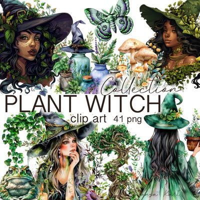 Watercolor Green Witch Clipart Bundle, Instant Download Digital Ephemera, Witchy Stickers, Plants Set, Flowers, Mushroom PNG, Fantasy