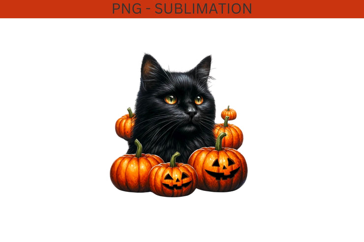 Black Cat with Pumpkins PNG Digital Prints for Fall Sublimation Crafting, Cat Lover PNG Designs, Black Cat and Pumpkin Crafting File