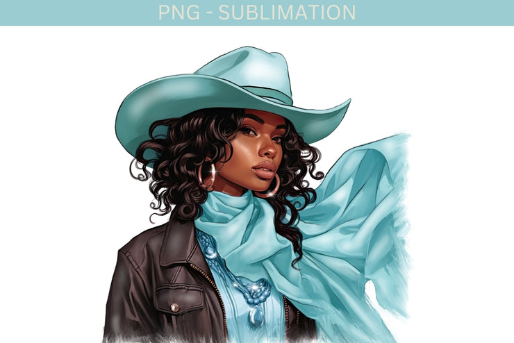 Turquoise Cowgirl, PNG Digital Download for Sublimation, T-Shirt Designs, Texas Cowgirl Hat for Crafting, Print on Demand, African American