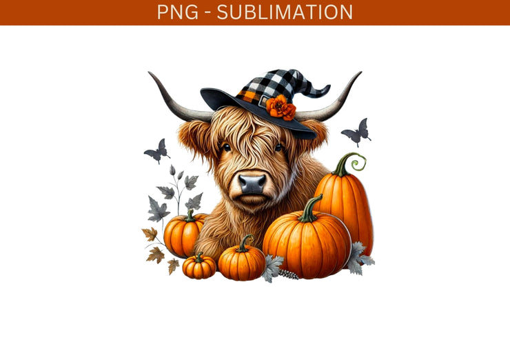 Autumn Highland Cow Digital Print for Crafting and Card Making, PNG Fall Pumpkin & Thanksgiving Sublimation Design for Tshirt, Tumbler