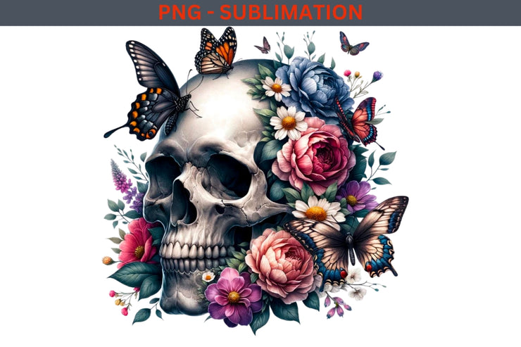 Skull with Flowers PNG Sublimation Tshirt Design