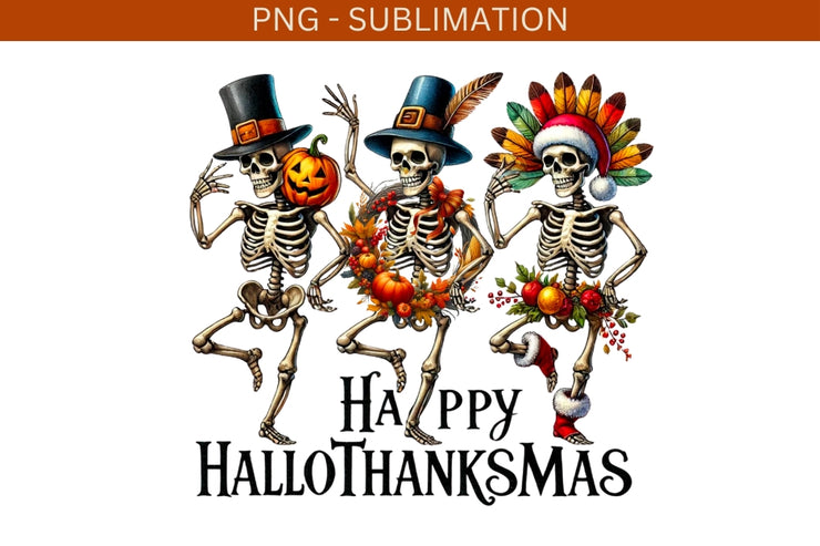 Happy Hallothanksmas Skeletons, Funny PNG Digital Downloads for Crafting Projects, Dancing Skeletons for Card Making and Tshirt Designs