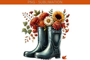 Rain Boots with Flowers & Floral Bouquet PNG, Cozy Autumn Digital Print, PNG Design, Transparent Sublimation, Rubber Boots PNG