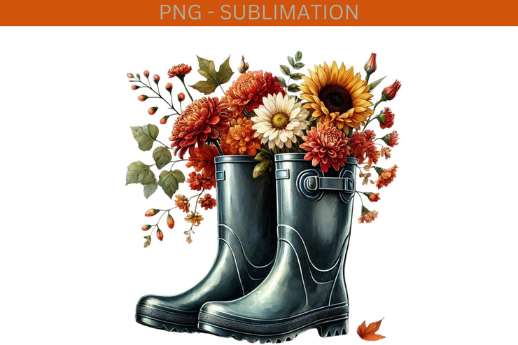 Rain Boots with Flowers & Floral Bouquet PNG, Cozy Autumn Digital Print, PNG Design, Transparent Sublimation, Rubber Boots PNG