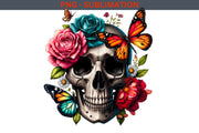 Gothic Skull and Flowers Digital Print - Sublimation Design