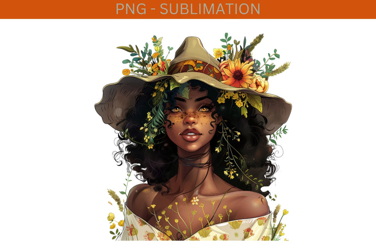 Melanin Autumn Witch PNG Design, Digital Prints for Crafting, Card Making, Sublimation African American Art, Black Woman Graphic Transparent