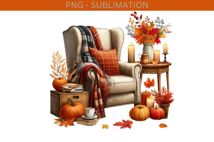 Autumn Book Nook Digital Print, Sublimation Prints, Crafting File, Cozy Fall PNG Design, Digital Downloads for Autumn Sticker, Transparent