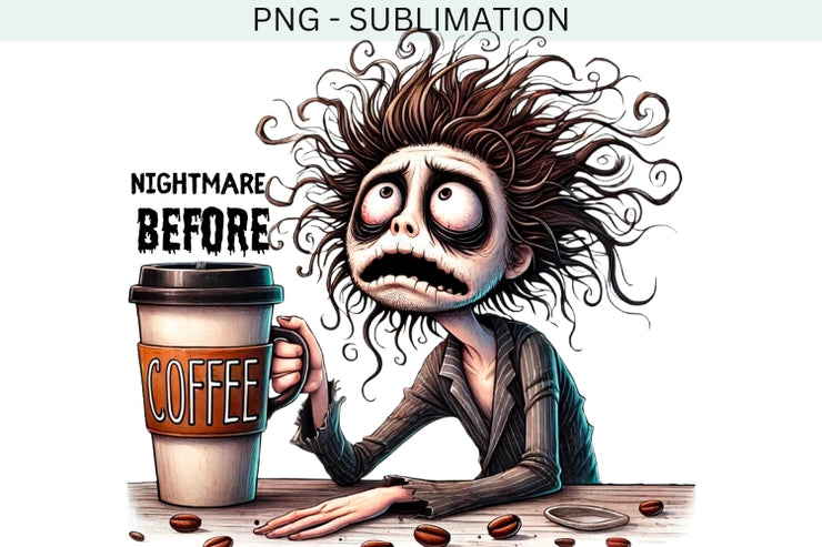 Nightmare Before Coffee PNG, Watercolor Spooky Coffee Vibes, Digital Download, Funny Halloween Sayings, Transparent, Spooky Season