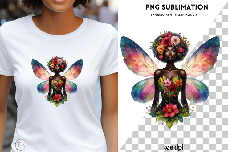 Floral Fairy Melanin Printable Design, Digital Download