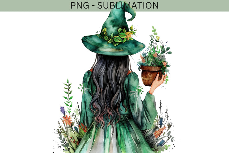 Plant Witch PNG Digital Print for Dark Academia Crafting, Transparent Sublimation Design, Green Witch for Card Making, DTF PNG File