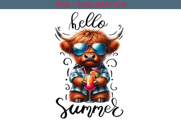 Hello Summer, Highland Cow Art, Tshirt Design Sublimation PNG