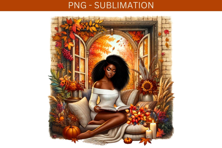 Autumn Reading Digital Print, Sublimation PNG for Crafting & Card Making, Fall Vibes Tshirt Designs, Transparent Autumn, Black Woman Autumn