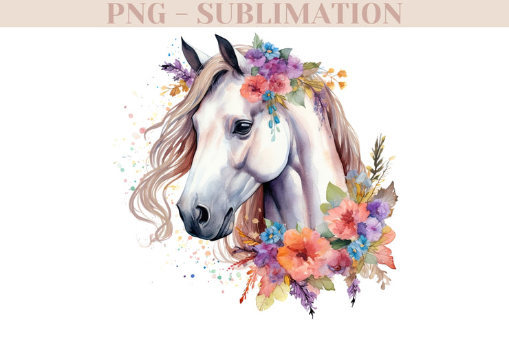 White Horse With Flowers Png for Sublimation