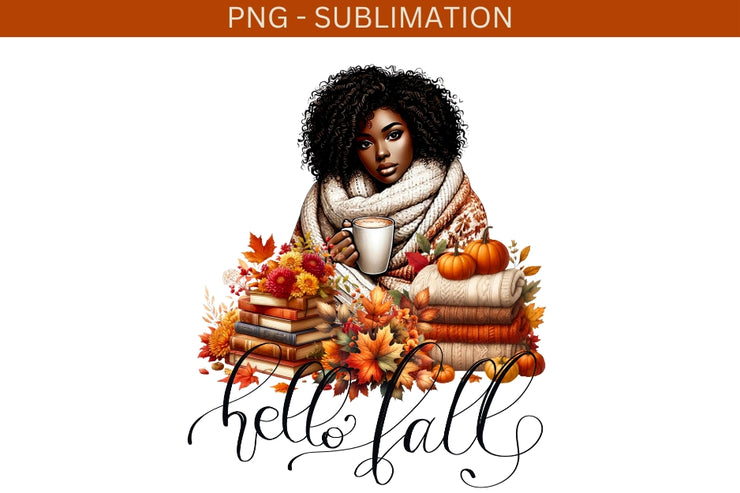 Hello Fall PNG, Autumn Black Girl, Digital Print for Card Making and Tshirt Design,Fall Vibes Transparent Design, Pumpkin Season Sublimation