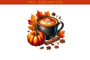 Cozy Autumn PNG Digital Download, Fall Coffee Mug Sublimation Design for Card Making, Transparent Fall Leaves Sublimation Autumn Print