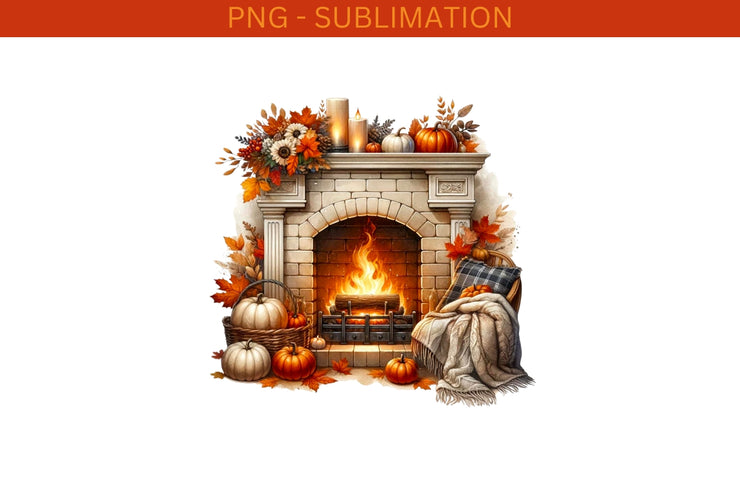 Cozy Autumn Fireplace Sublimation Print, PNG Digital Download for Crafting,Autumn PNG Designs,Transparent Design