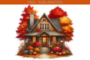 Autumn House PNG, Fall Leaves Sublimation Print, Crafting Files for Cozy Autumn Vibes, Autumn Tree Print, Transparent PNG Designs