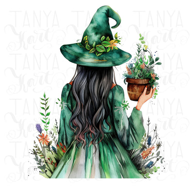 Plant Witch PNG Digital Print for Dark Academia Crafting, Transparent Sublimation Design, Green Witch for Card Making, DTF PNG File