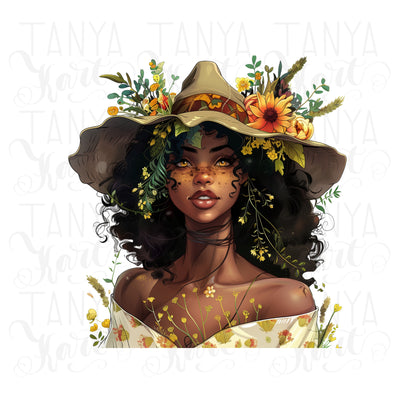 Melanin Autumn Witch PNG Design, Digital Prints for Crafting, Card Making, Sublimation African American Art, Black Woman Graphic Transparent