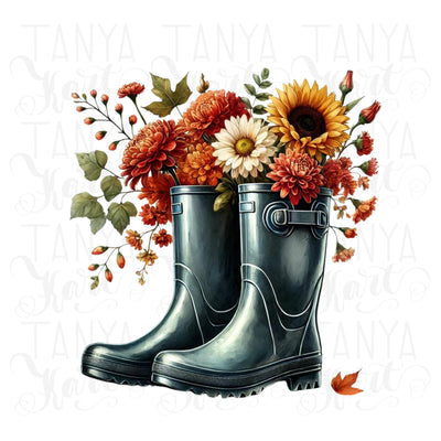 Rain Boots with Flowers & Floral Bouquet PNG, Cozy Autumn Digital Print, PNG Design, Transparent Sublimation, Rubber Boots PNG